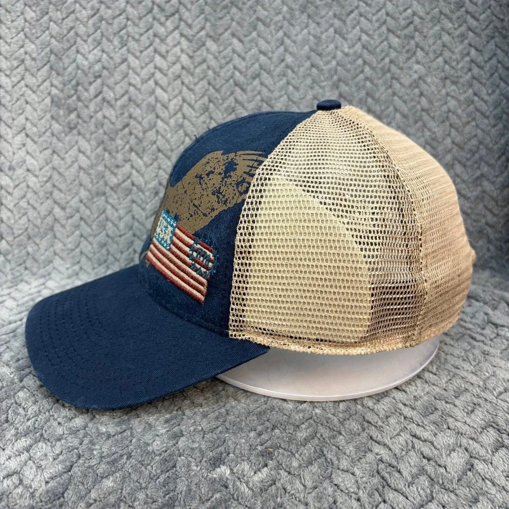 Signatures USA Flag Eagle Trucker Hat Navy Blue Tan Mesh Snapback Cap